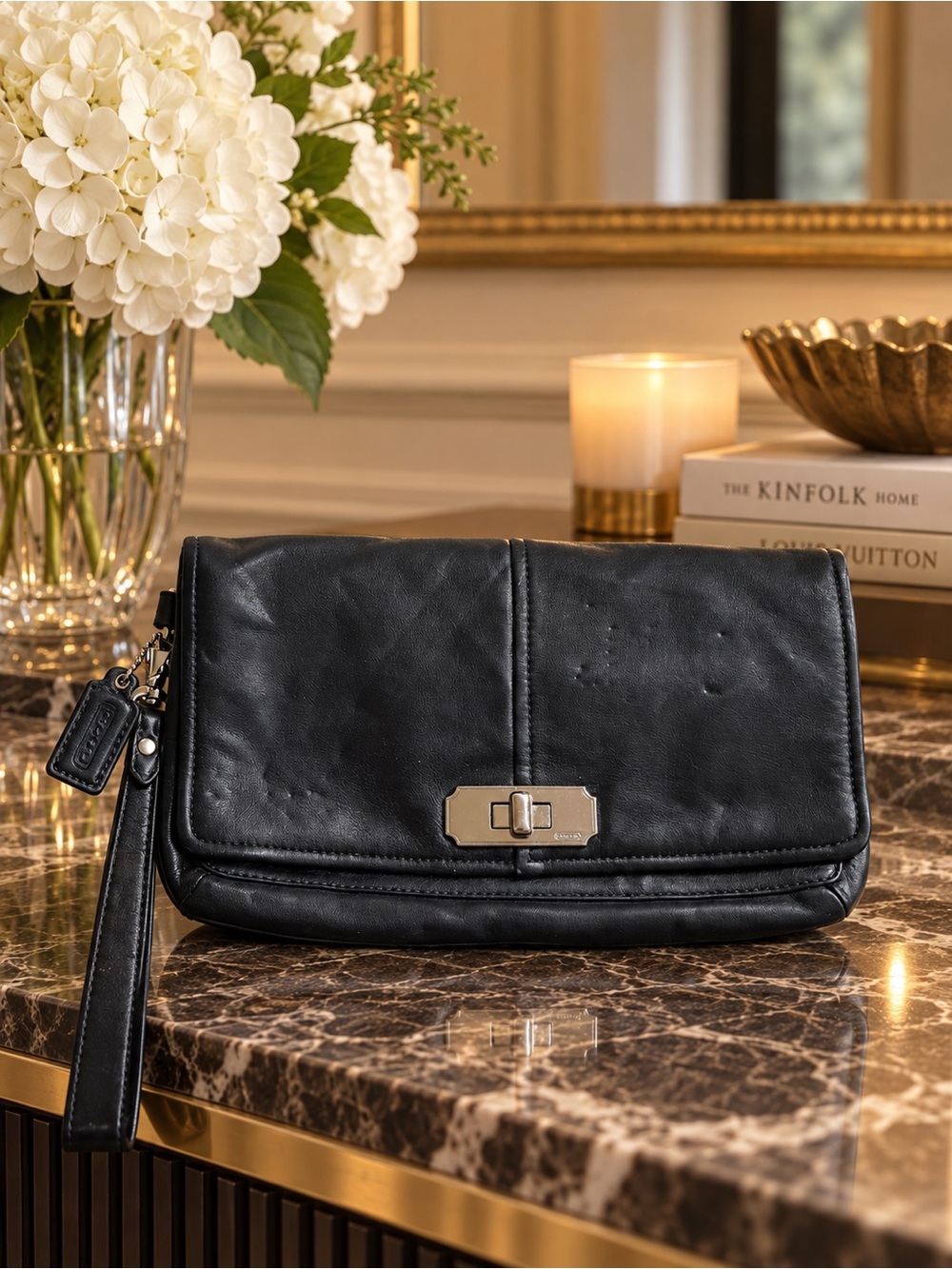 Coach Madeline F13580 Black Leather Foldover Turnlock Wristlet Clutch Y2K